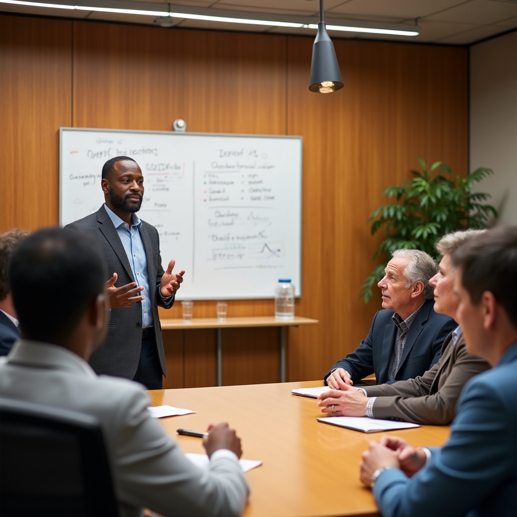 A nonprofit program director standing at a whiteboard presenting program outcomes to a small attentive board of four diverse members in a warmly lit meeting room