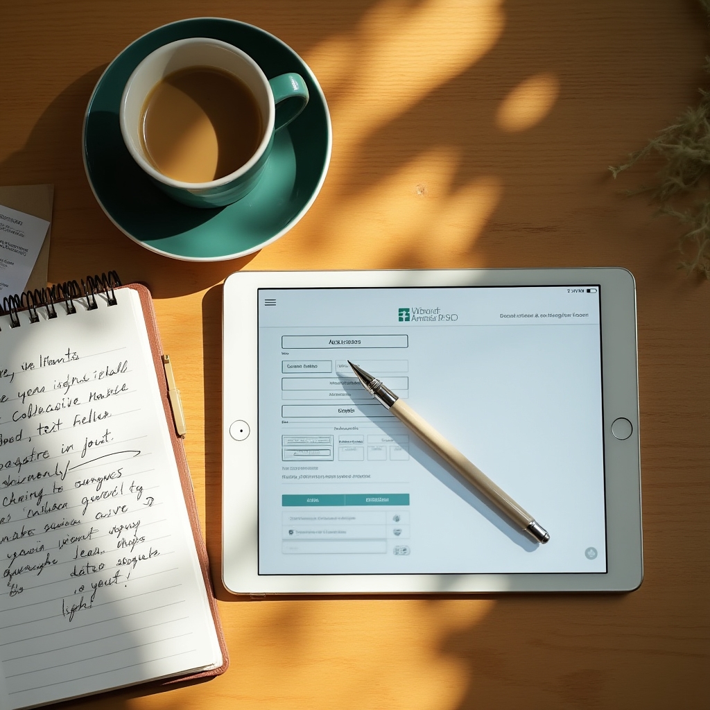 Close-up overhead shot of a nonprofit manager's desk with a tablet showing a simple survey form, a notebook with handwritten data notes, and a coffee cup on a warm wood surface