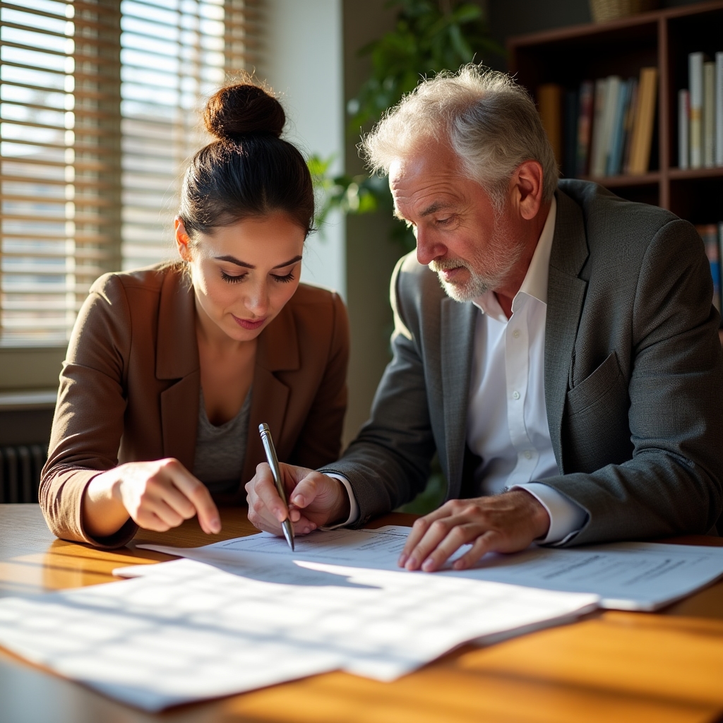 Two nonprofit professionals in their forties collaborating over grant report documents spread across a conference table in warm afternoon light