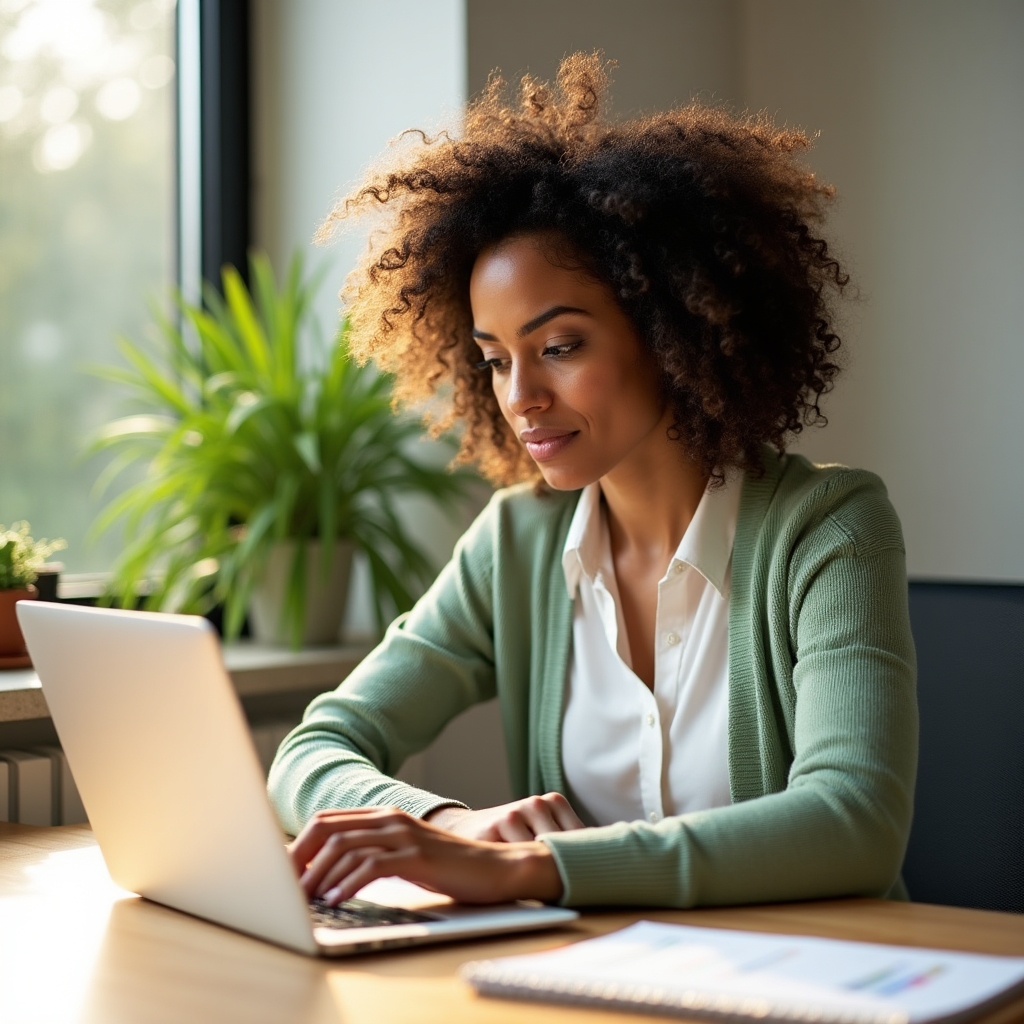 Nonprofit program manager reviewing an impact dashboard on a laptop at a bright workspace