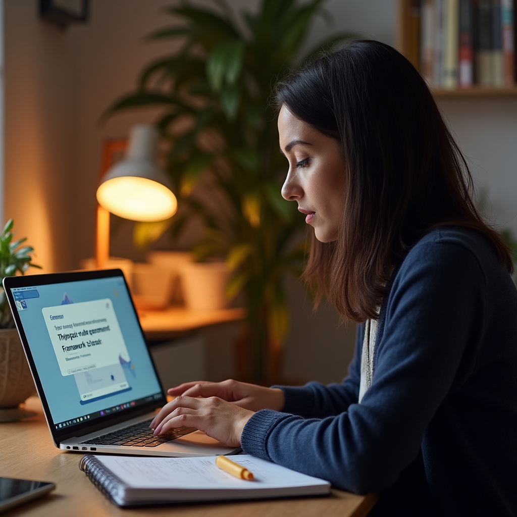 A nonprofit program manager in her late thirties sitting at a home desk taking an online course on a laptop, notebook open beside her, warm desk lamp light, focused and engaged expression
