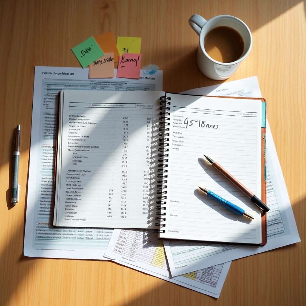 An overhead view of a nonprofit program manager's desk with scattered spreadsheets, sticky notes, and printed survey results in organized disarray on a warm wood surface